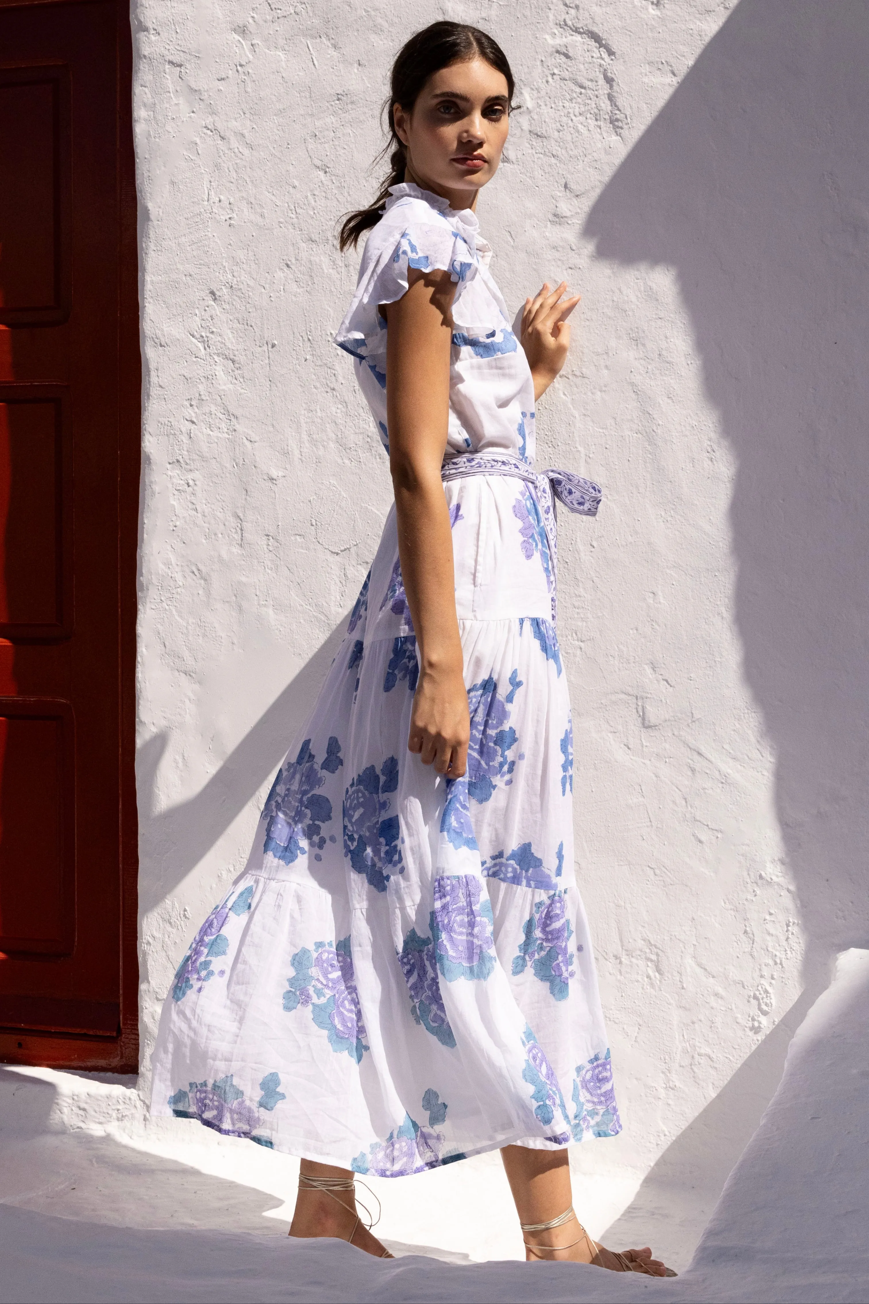 Ruffle Collar Button Maxi- Portofino Blue