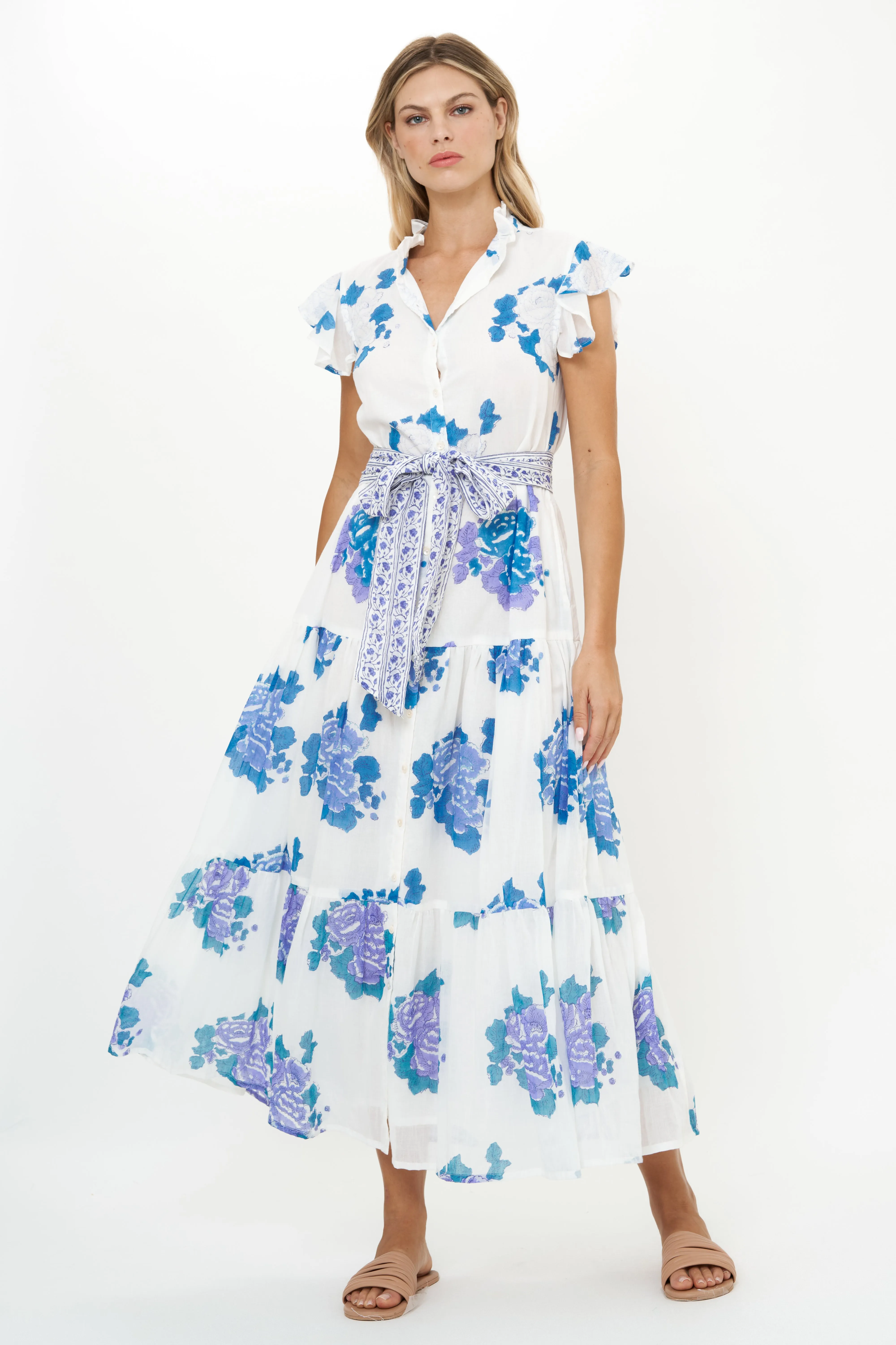 Ruffle Collar Button Maxi- Portofino Blue