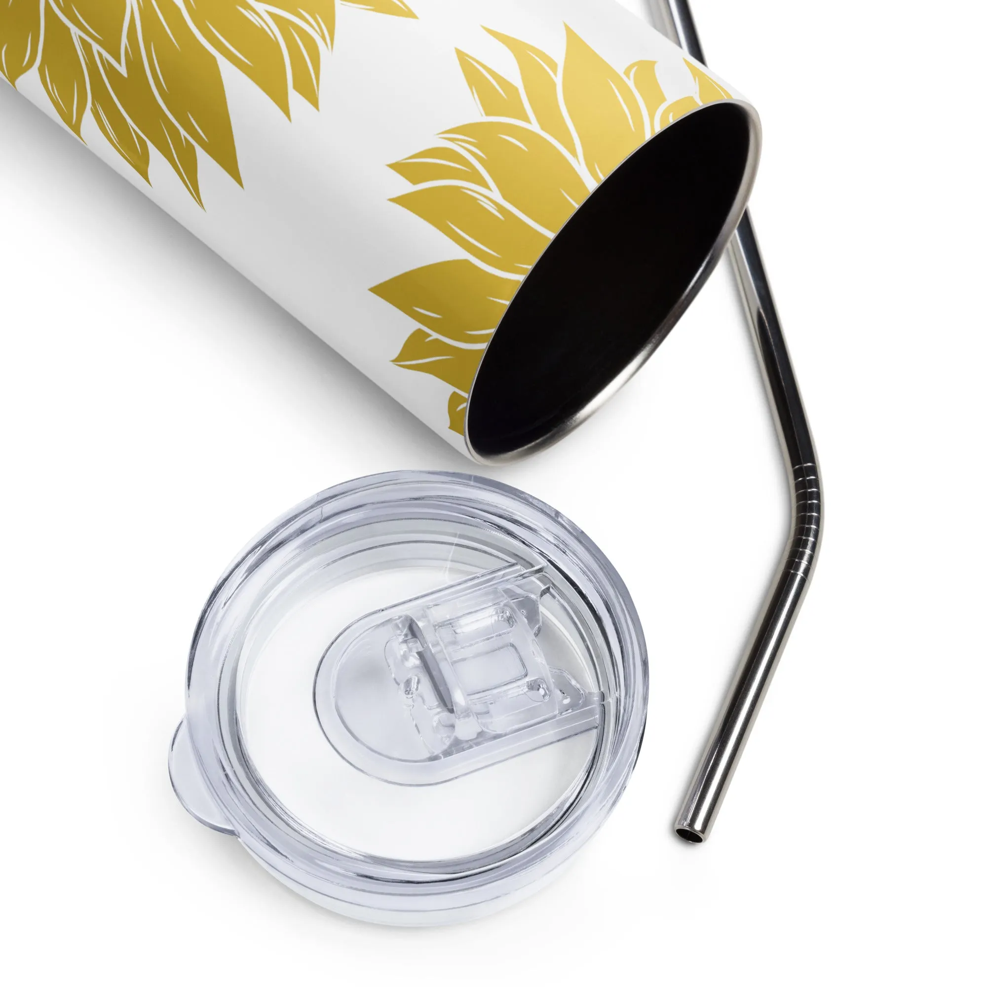 Stainless Steel Tumbler, White/Yellow Sunflower Tumbler, Hot/Cold, 20 OZ