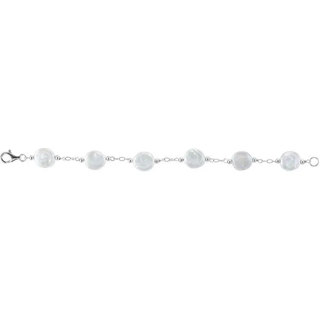 Sterling Silver 12-13 mm Cultured White Freshwater Pearl Coin 7 1/2" Bracelet