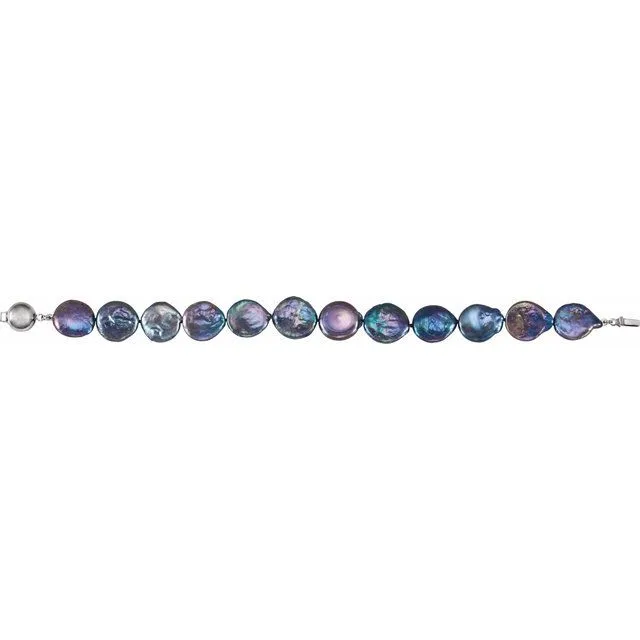 Sterling Silver 13-14 mm Cultured Black Freshwater Pearl Coin 7 3/4" Bracelet
