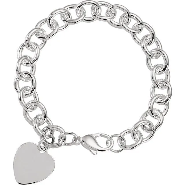 Sterling Silver Heart Charm Cable 7.5" Bracelet