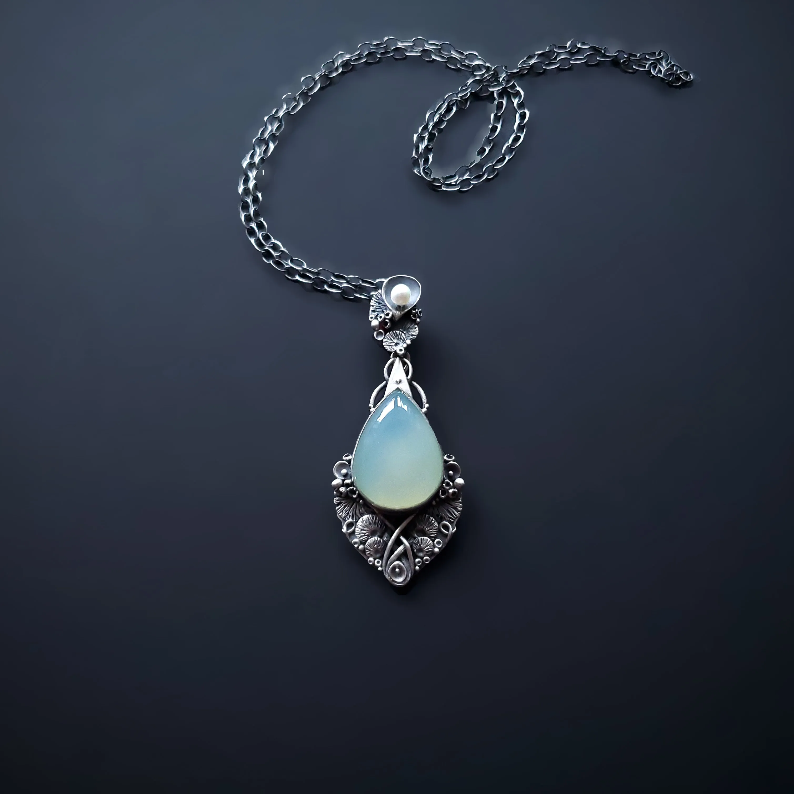 Sterling Silver pendant and necklace with Aqua Chalcedony stone and Fresh Water Pearl - Ocean Breeze - Bliss