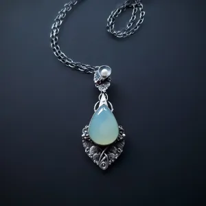 Sterling Silver pendant and necklace with Aqua Chalcedony stone and Fresh Water Pearl - Ocean Breeze - Bliss