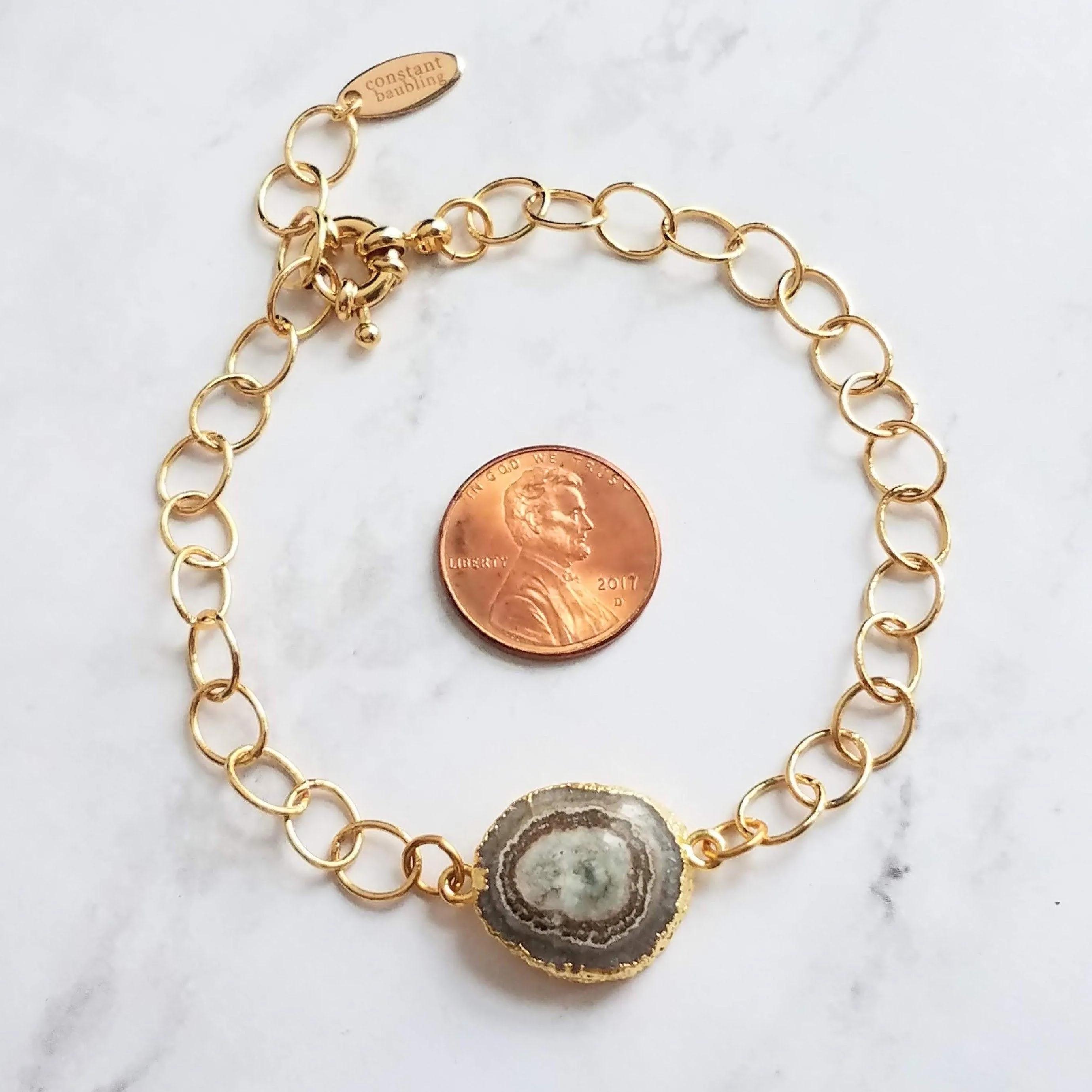 Stone Slice Bracelet - chunky gold chain, agate bracelet, banded agate jewelry, gold stone bracelet, stone bracelet, gold edge stone, large