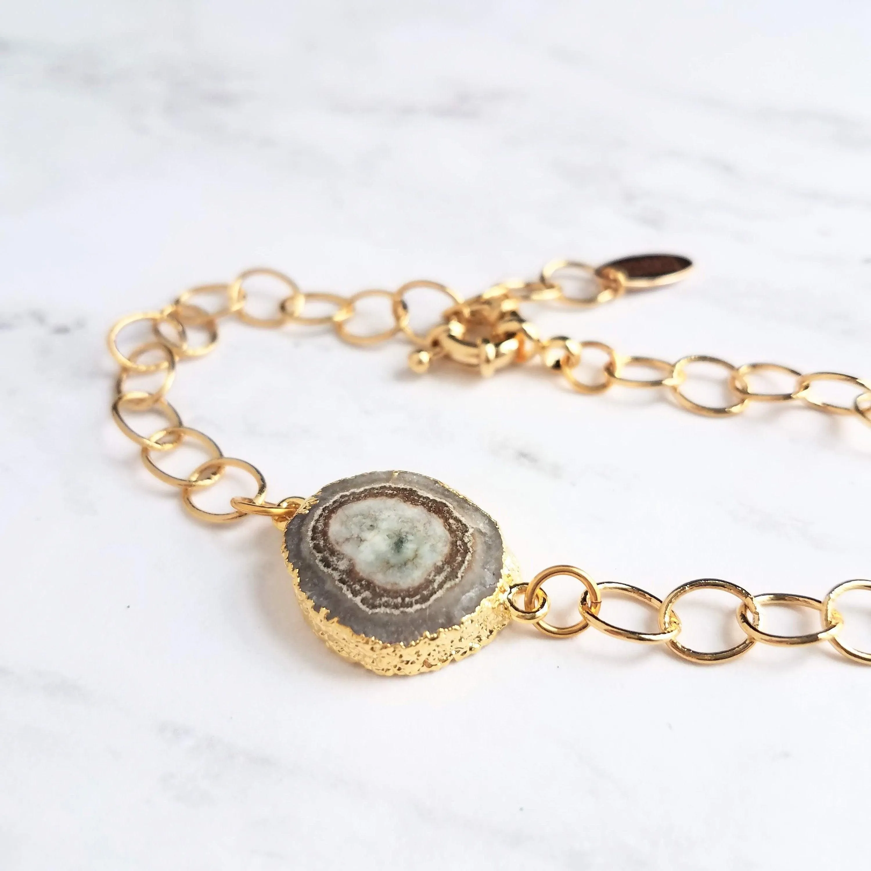 Stone Slice Bracelet - chunky gold chain, agate bracelet, banded agate jewelry, gold stone bracelet, stone bracelet, gold edge stone, large
