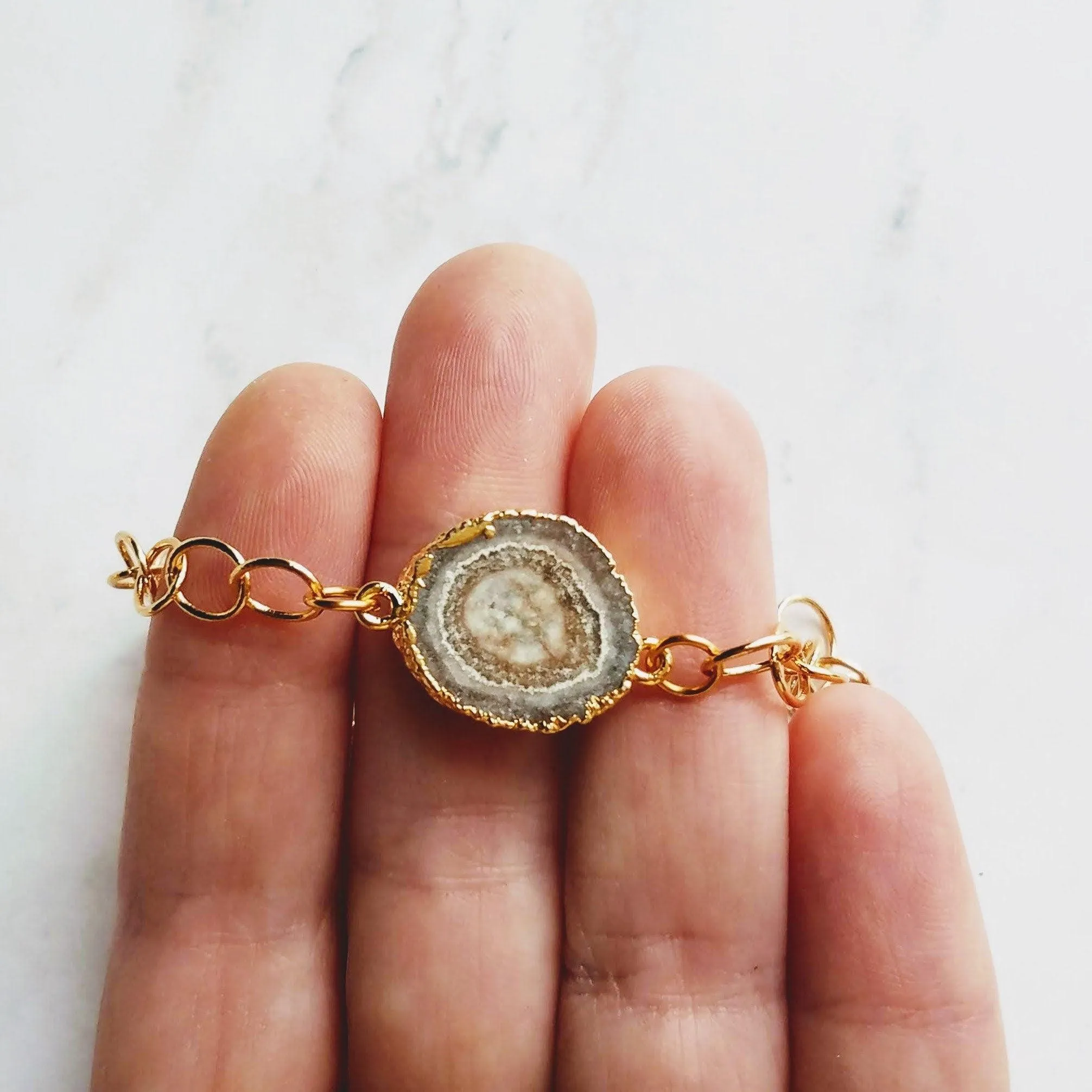 Stone Slice Bracelet - chunky gold chain, agate bracelet, banded agate jewelry, gold stone bracelet, stone bracelet, gold edge stone, large