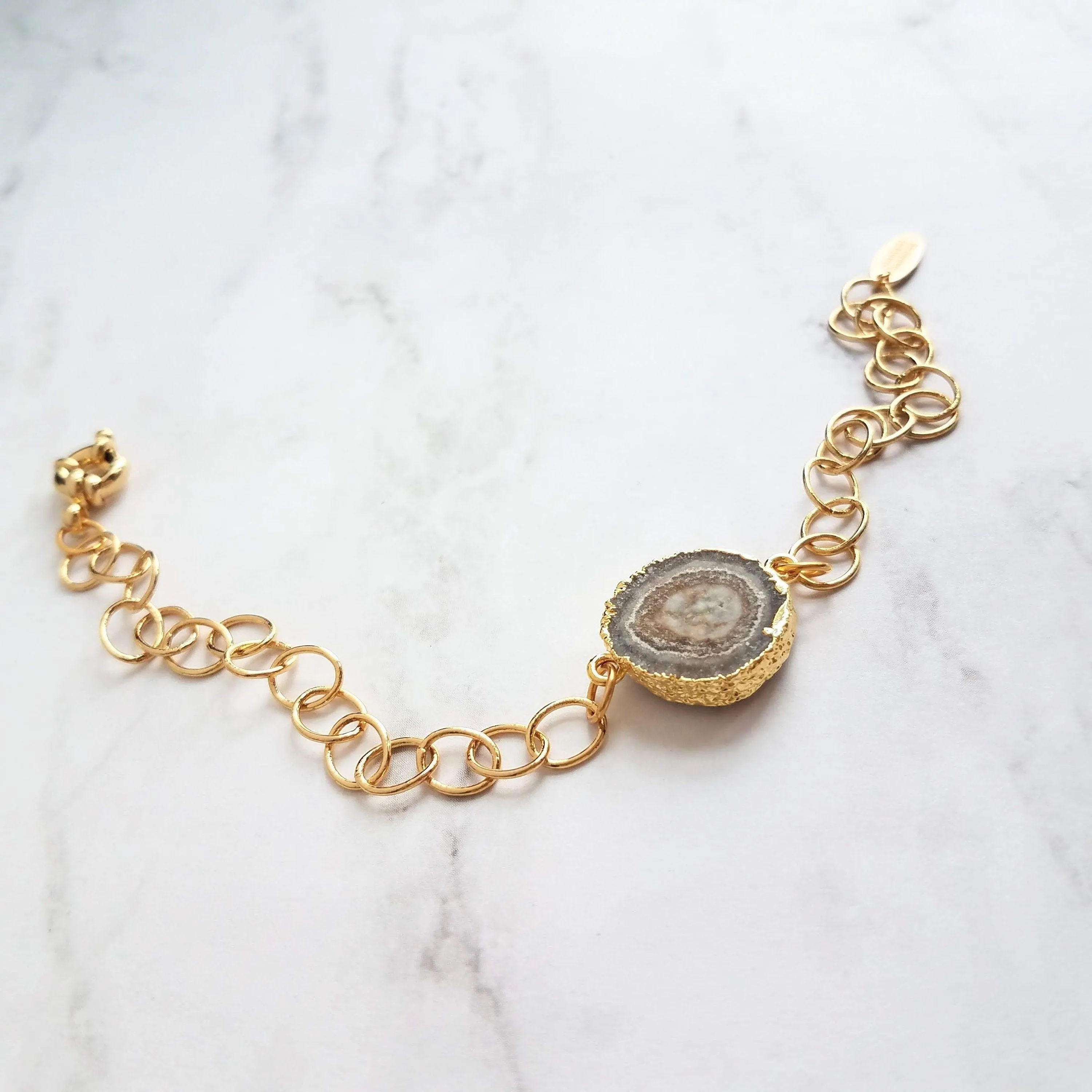 Stone Slice Bracelet - chunky gold chain, agate bracelet, banded agate jewelry, gold stone bracelet, stone bracelet, gold edge stone, large