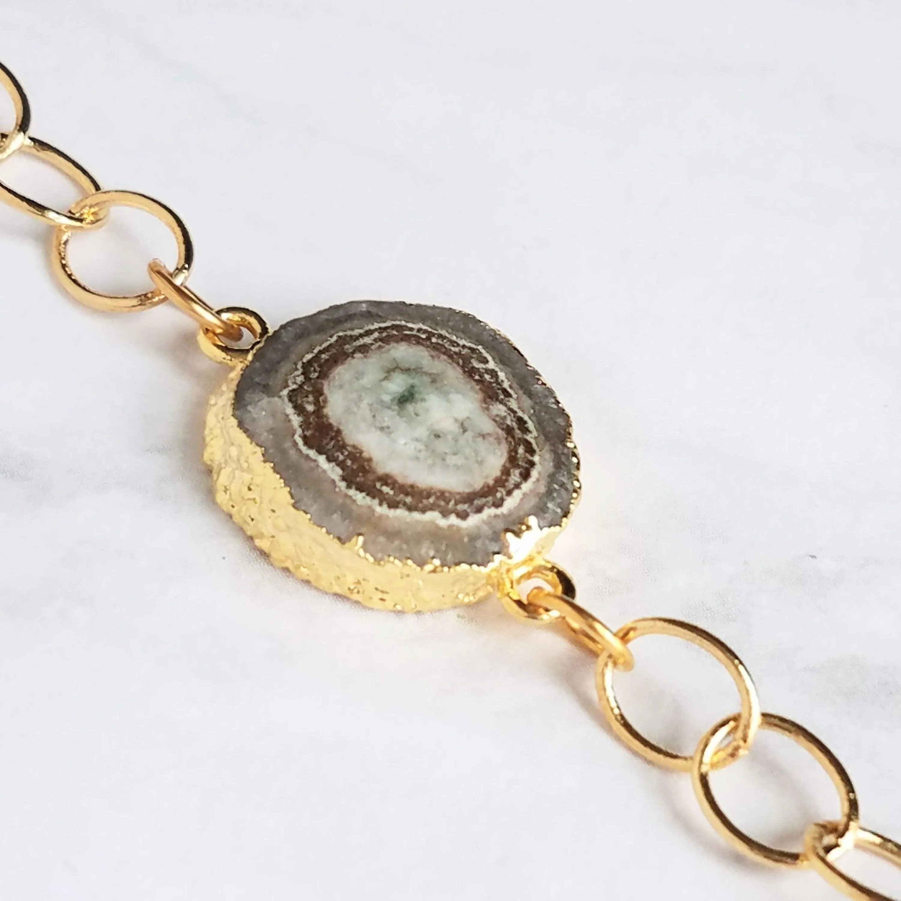 Stone Slice Bracelet - chunky gold chain, agate bracelet, banded agate jewelry, gold stone bracelet, stone bracelet, gold edge stone, large