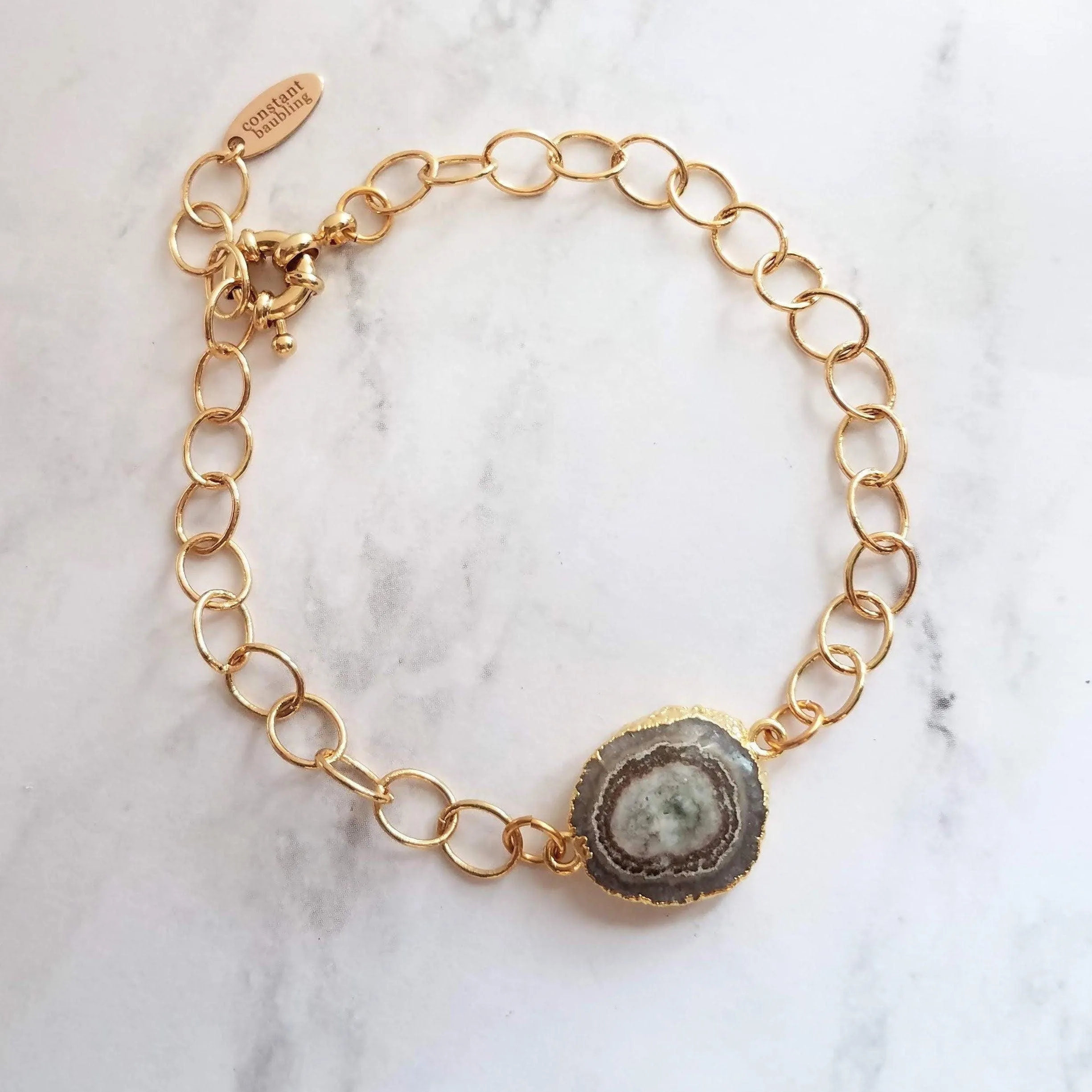 Stone Slice Bracelet - chunky gold chain, agate bracelet, banded agate jewelry, gold stone bracelet, stone bracelet, gold edge stone, large