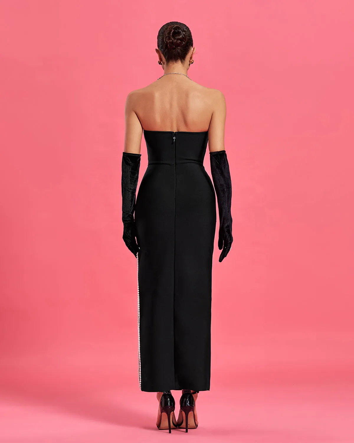 Strapless Pearl Trim Bandage Dress With Gloves