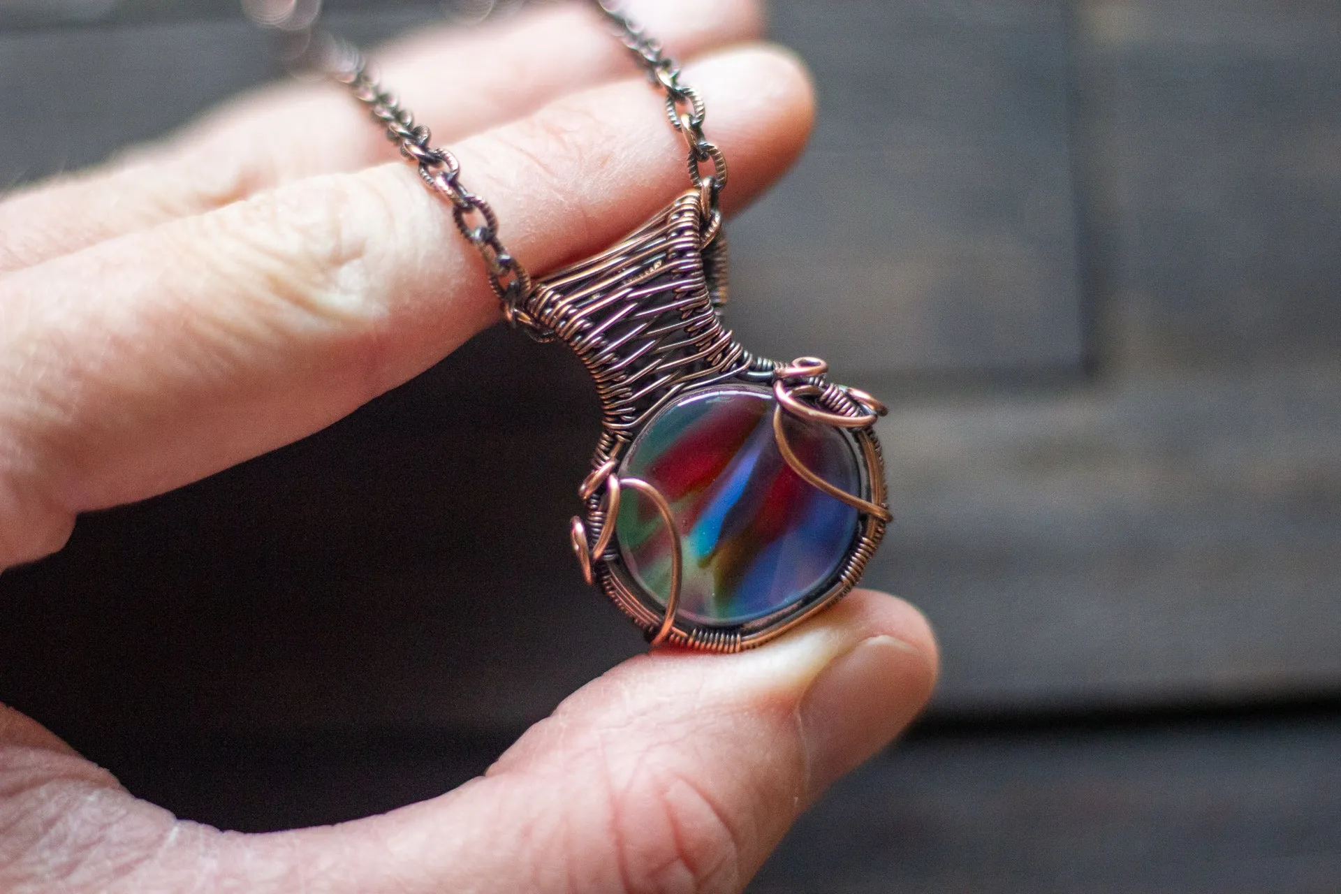 Sunset's Reflection Fused Glass Pendant with Copper Wire Wrapping