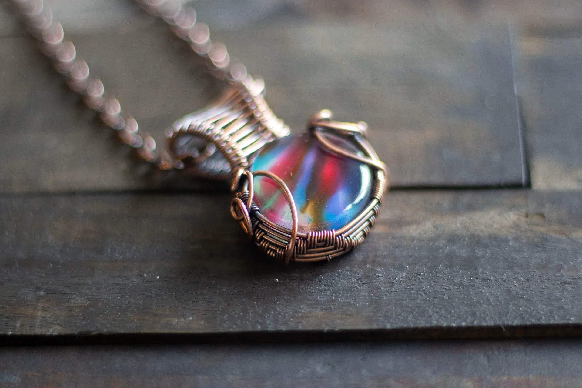 Sunset's Reflection Fused Glass Pendant with Copper Wire Wrapping