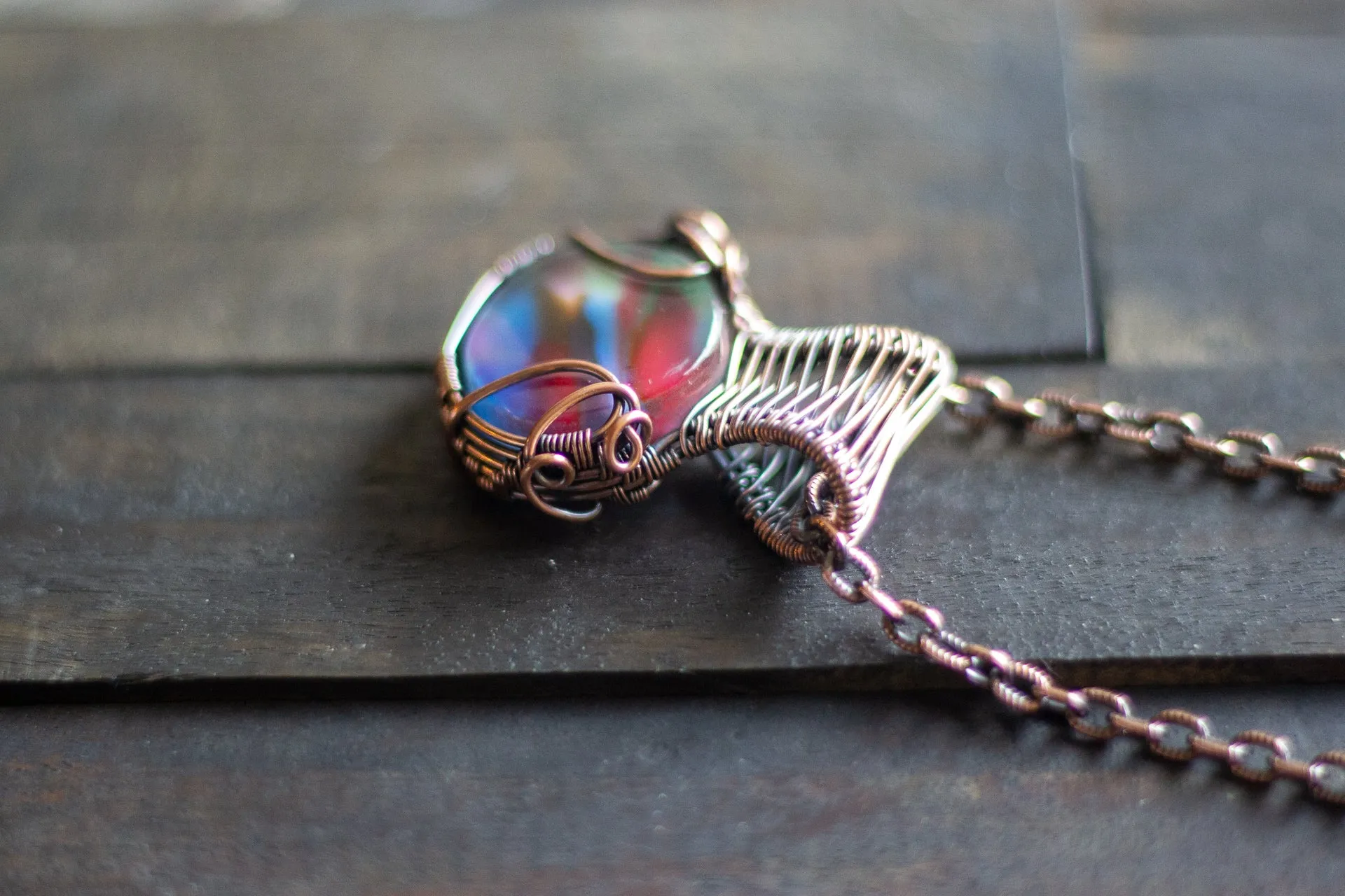 Sunset's Reflection Fused Glass Pendant with Copper Wire Wrapping