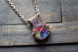 Sunset's Reflection Fused Glass Pendant with Copper Wire Wrapping