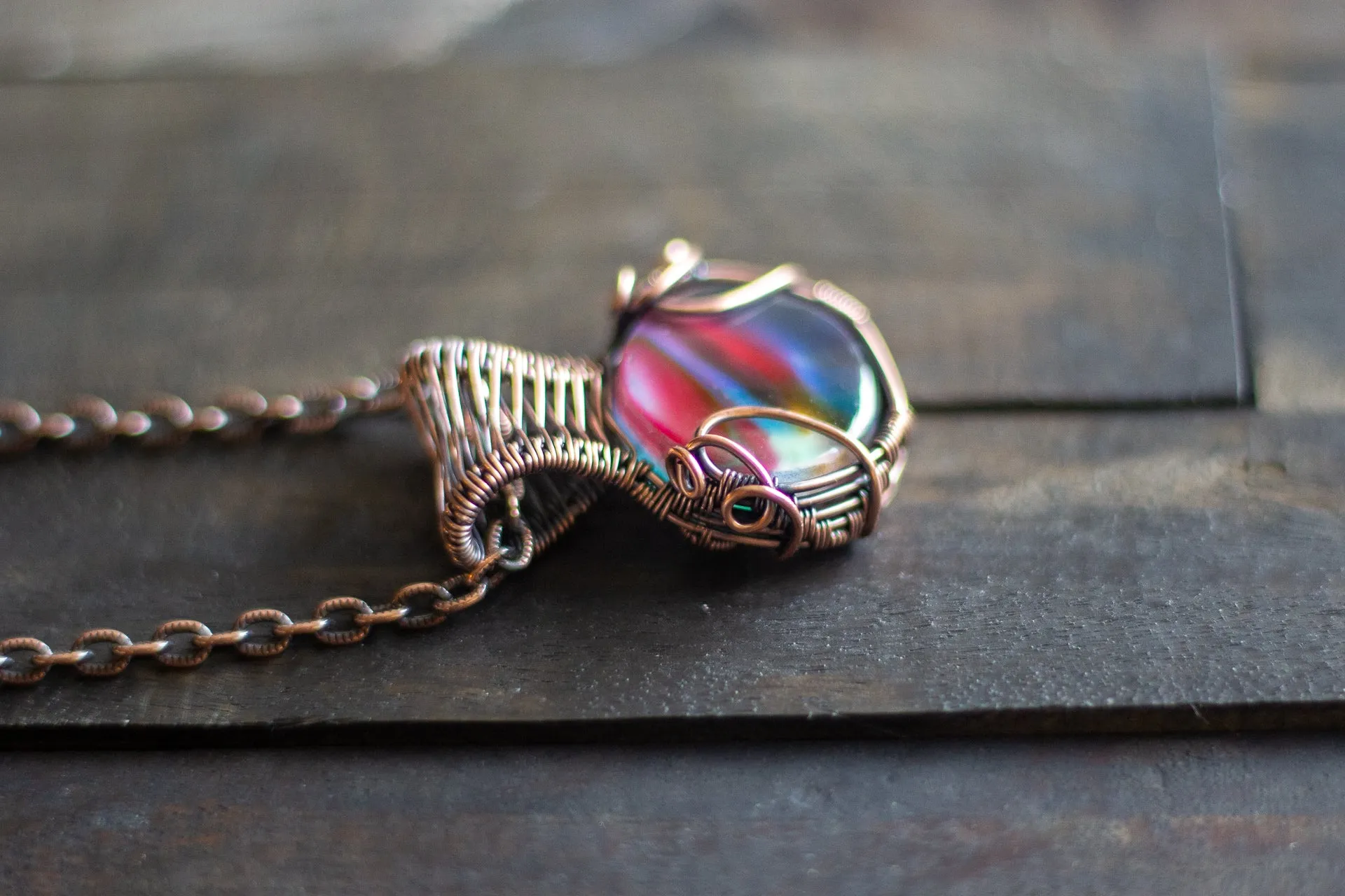 Sunset's Reflection Fused Glass Pendant with Copper Wire Wrapping