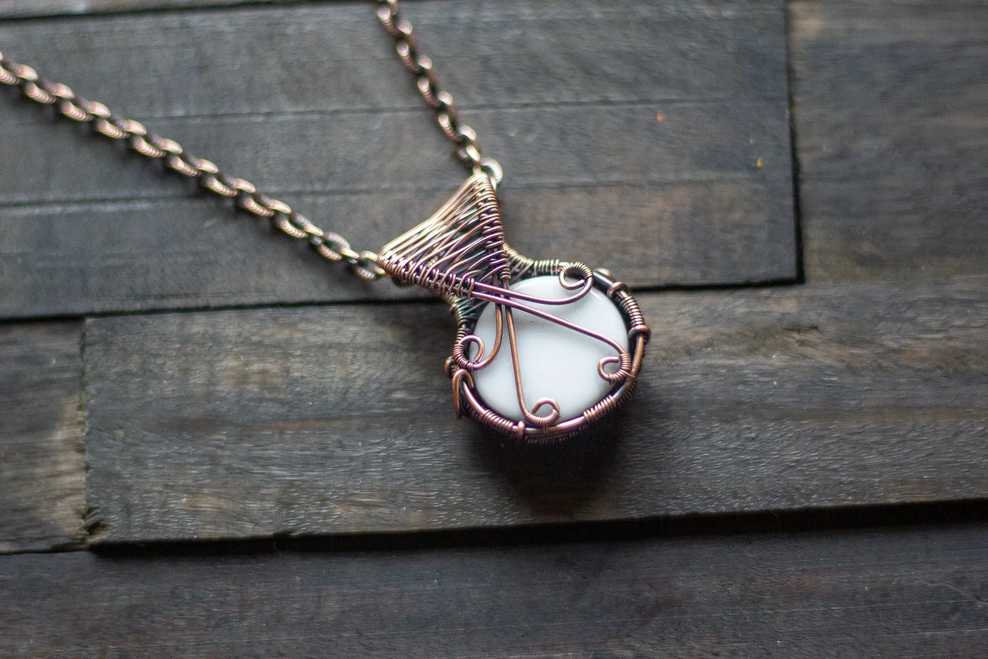 Sunset's Reflection Fused Glass Pendant with Copper Wire Wrapping