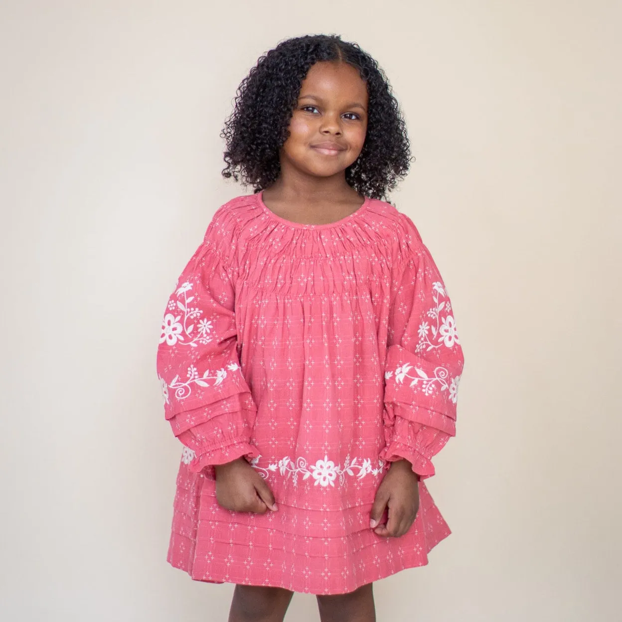 TULIP PINTUCK DRESS, CORAL CROSSSTITCH