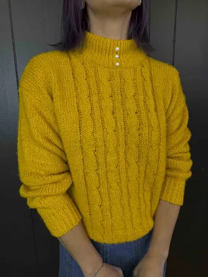 Vintage Mustard Sweater with Pearl Neck - Size M