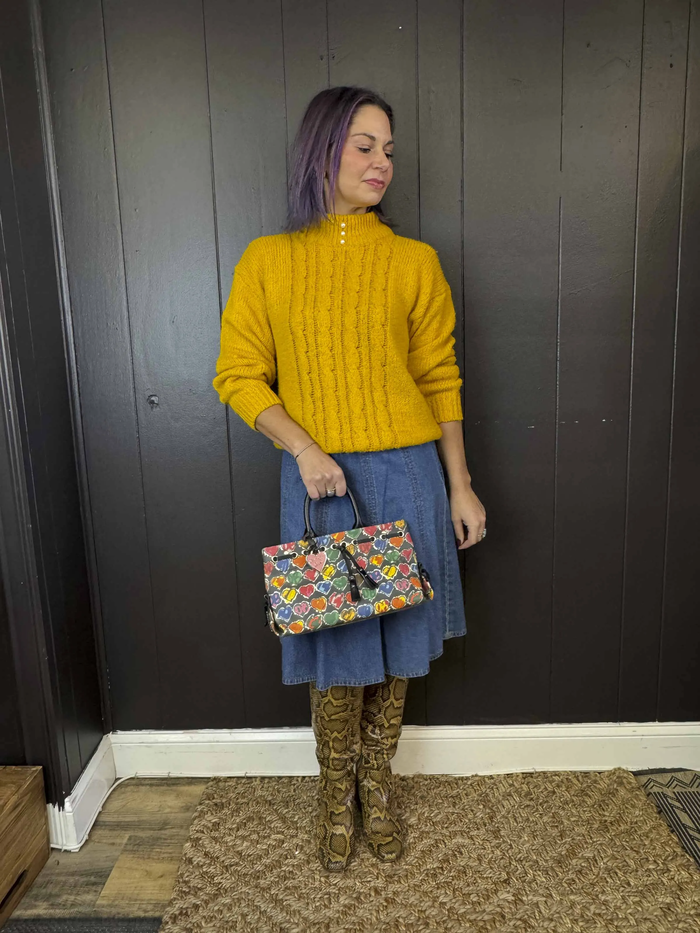 Vintage Mustard Sweater with Pearl Neck - Size M