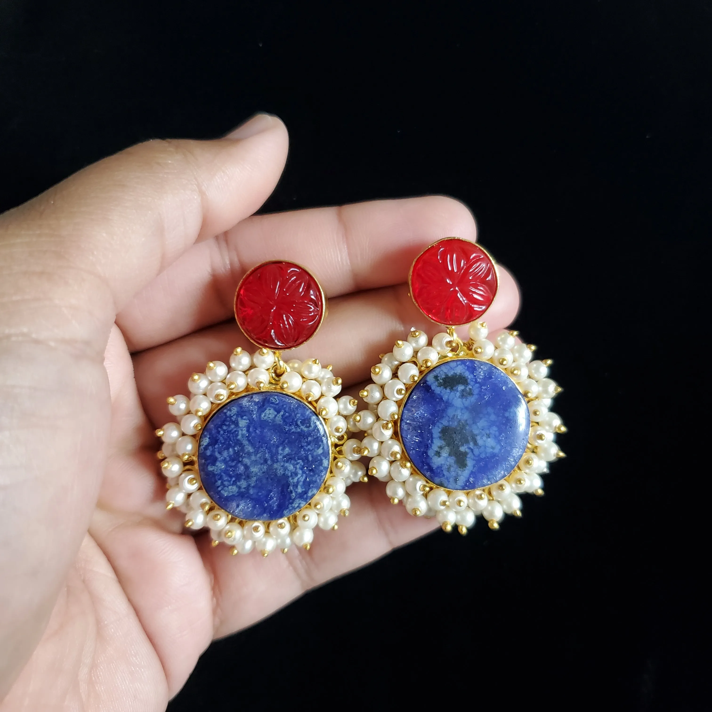Western Style Carved Stone Cluster Pearl Earrings M40 Red